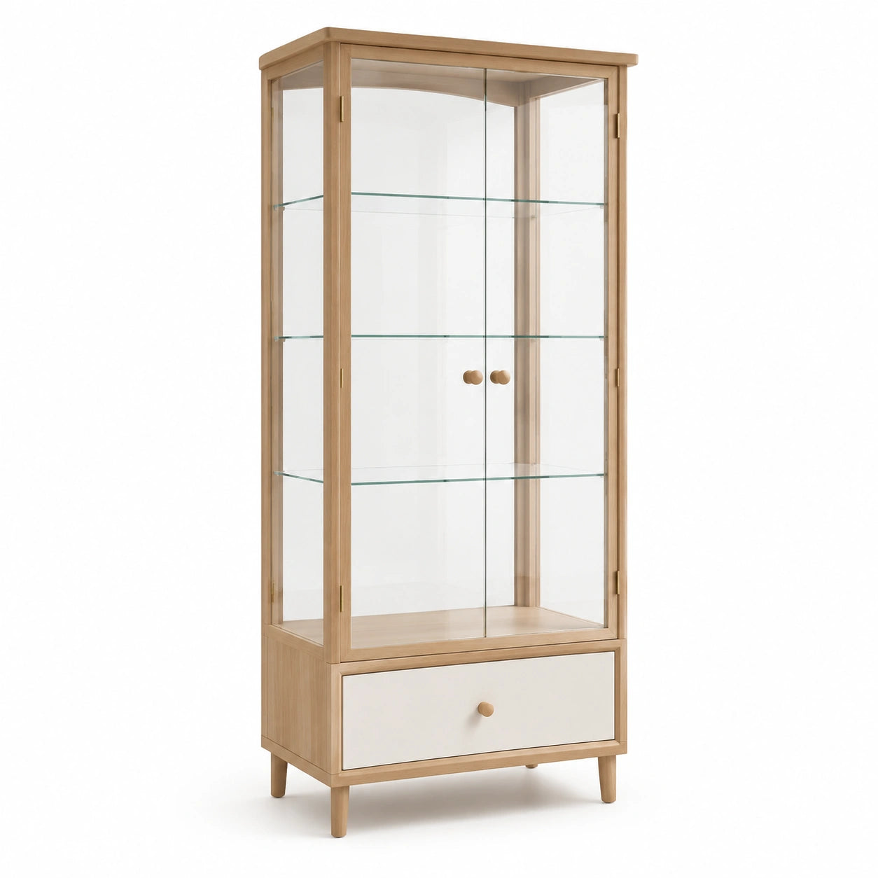 Vitrine aus Eiche und gehärtetem Glas mit Schublade 180x80x40cm