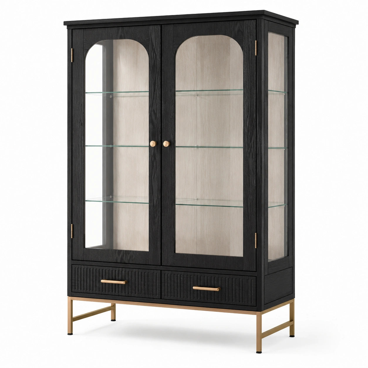 Eichenholz-Vitrine mit Glastüren und Schubladen Schwarz/Gold 180cm