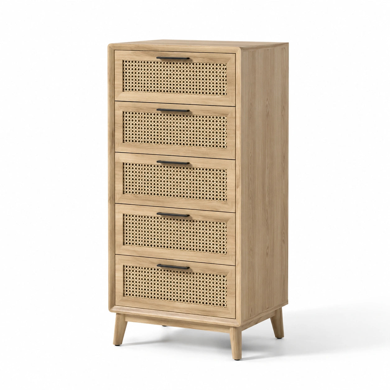 Kommode aus Eichenholz mit Rattanfront, 5 Schubladen, 60x40x120cm