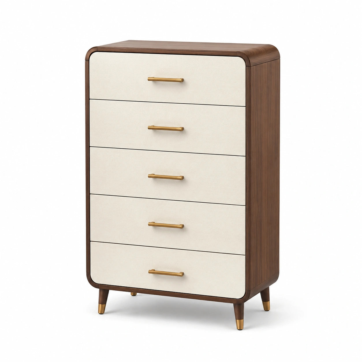 Kommode mit 5 Schubladen aus Holz und Metall in Creme und Braun